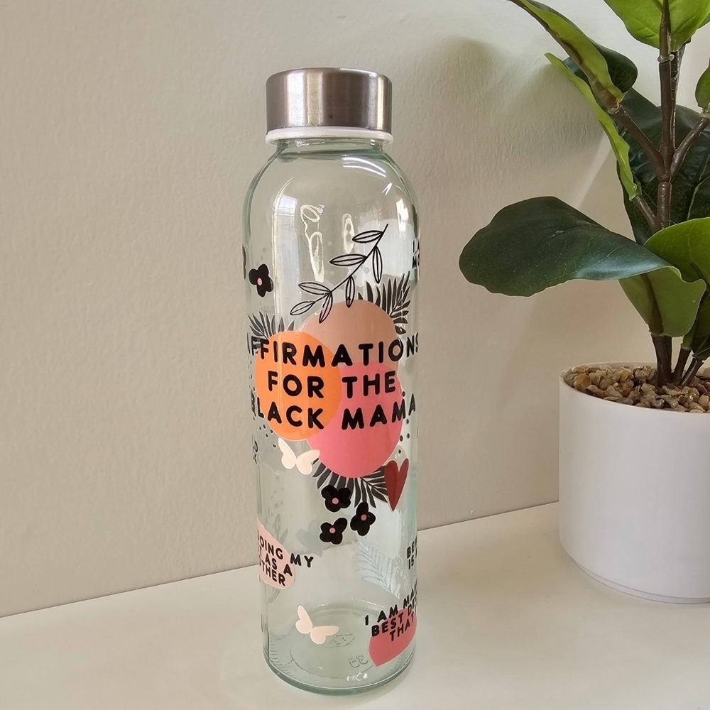Glass Water Bottle with Black Mama Affirmations
